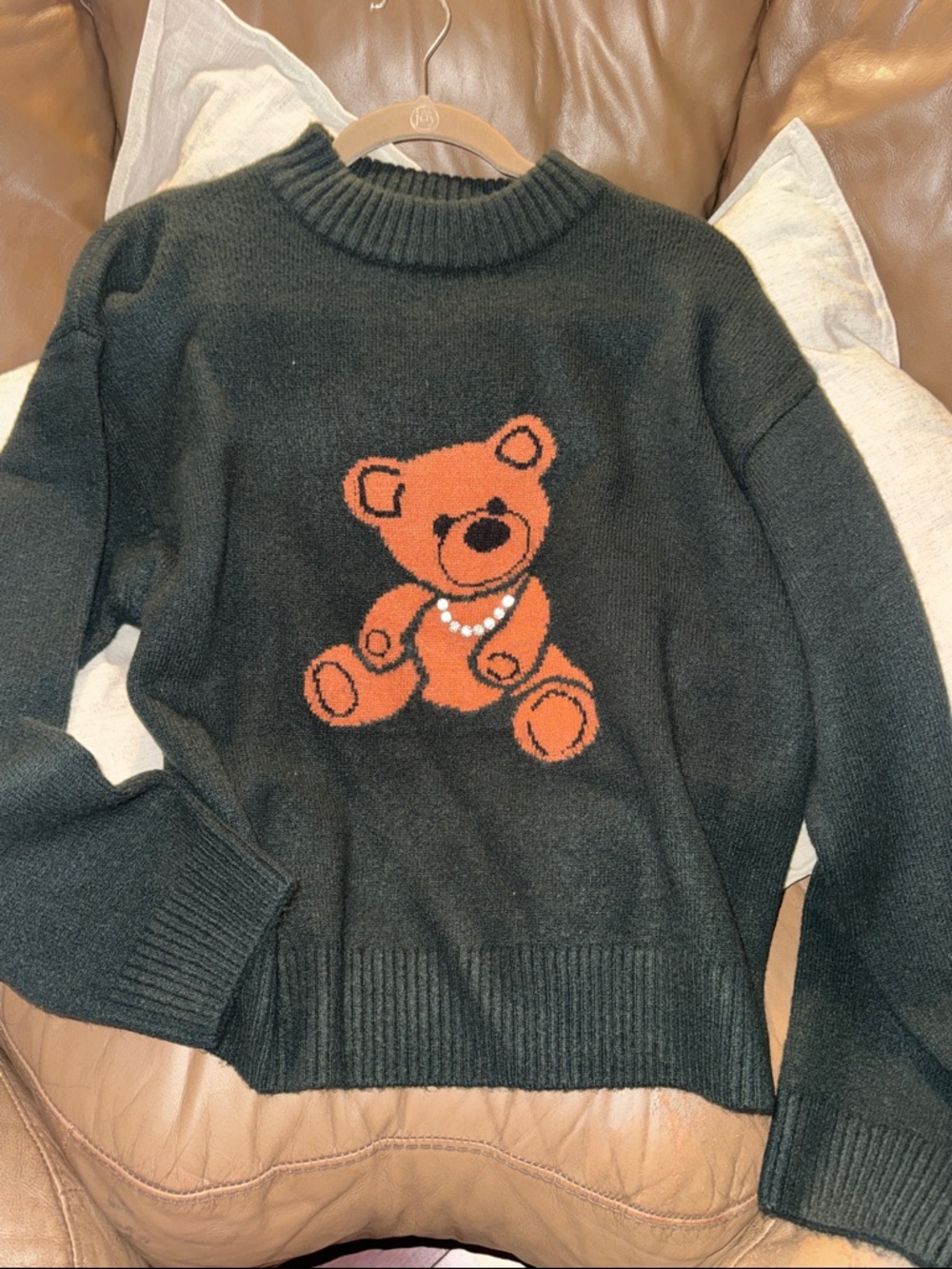Dark Green Women's Sweater with Orange Teddy Motif